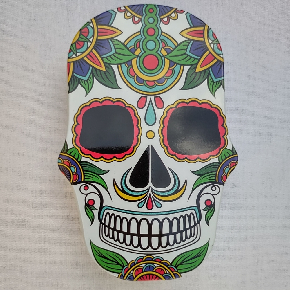 Sugar Skull Tin Skull Shaped Box Day of the Dead Utility Core Home Decor White